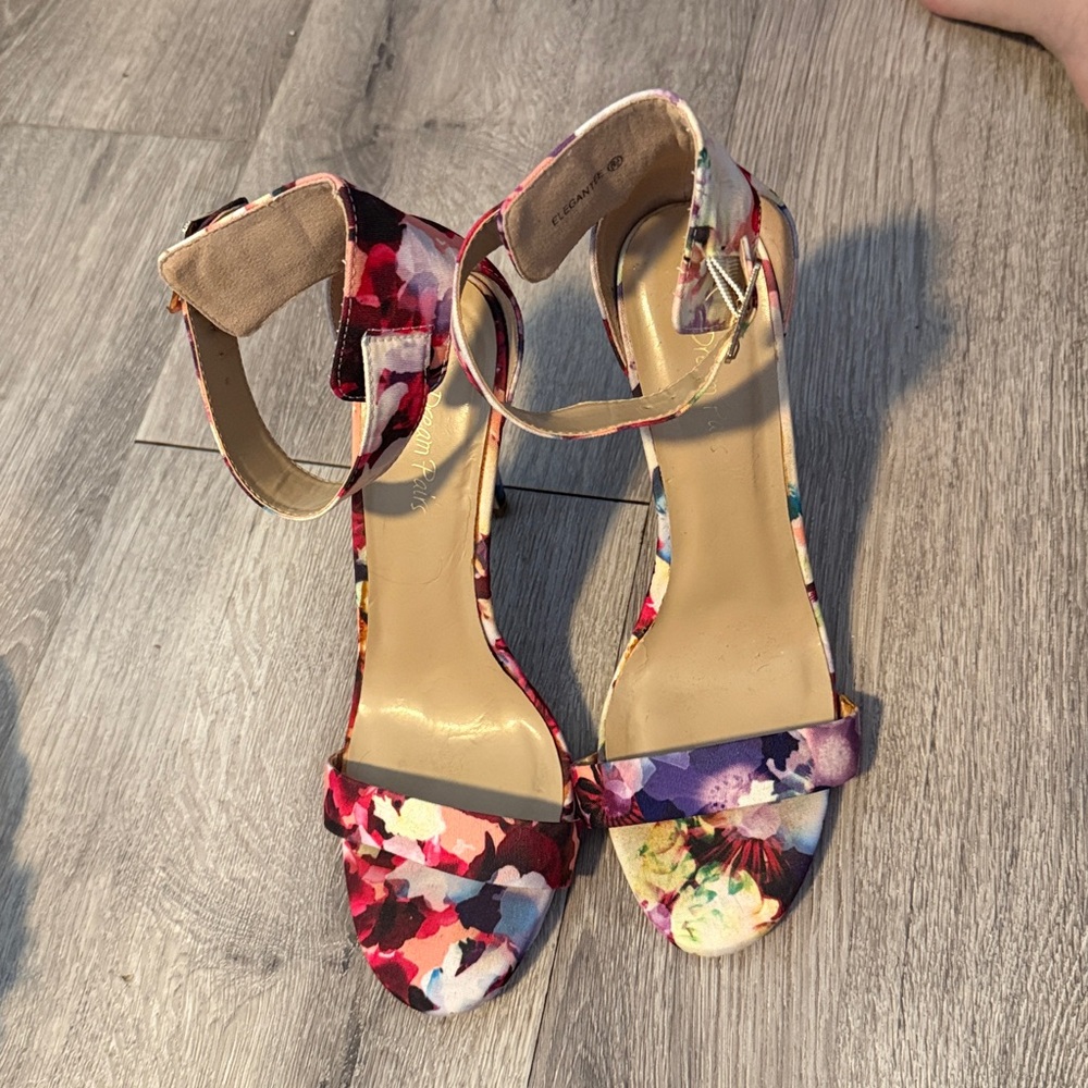 Dream Pairs Heels Womens 8.5 Pink Blue Open Toe Ankle Cuff High Stilettos Floral